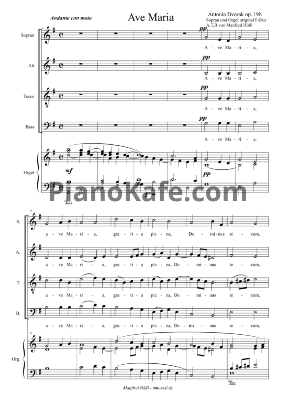 Ноты А. Дворжак - Ave Maria (Op. 19b, Хоровая партитура) - PianoKafe.com