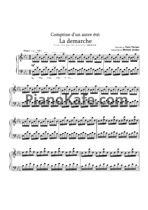 Ноты Yann Tiersen - La demarche (Transcribed by Michael Jordan) - PianoKafe.com