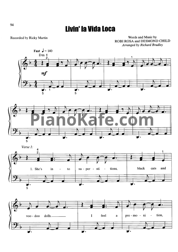Ноты Ricky Martin - Livin' la vida loca (Piano solo) - PianoKafe.com