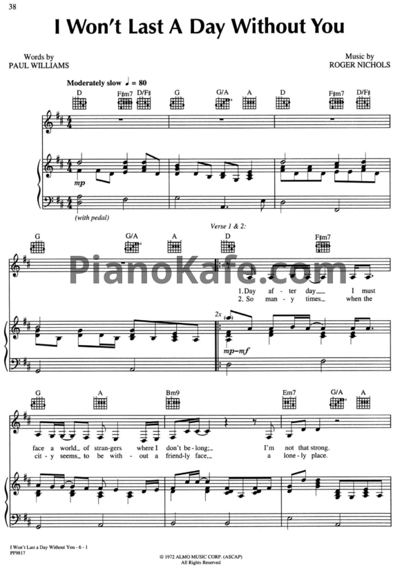 Ноты The Carpenters - I won't last a day without you - PianoKafe.com