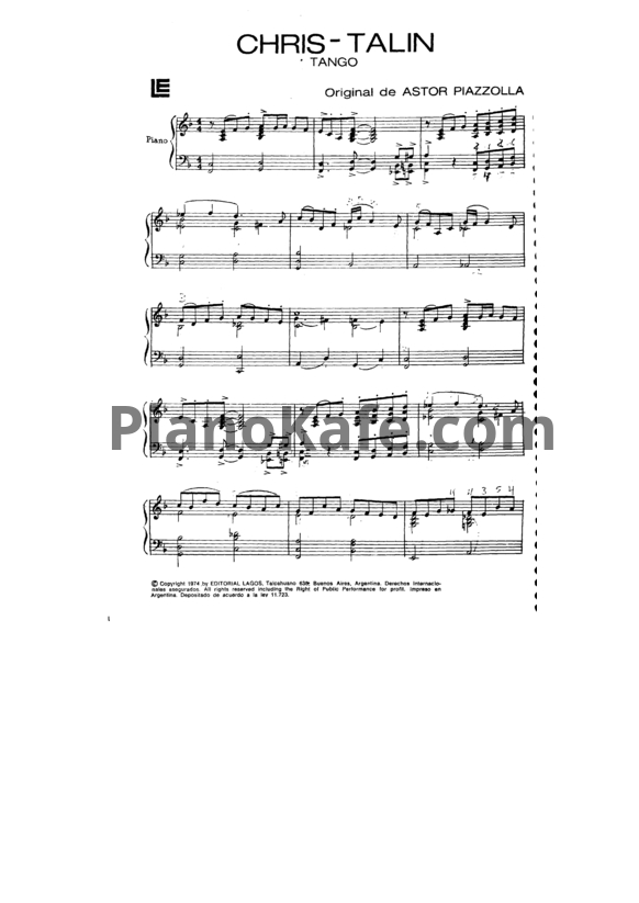 Ноты Astor Piazzolla - Chris-Talin (Tango) - PianoKafe.com