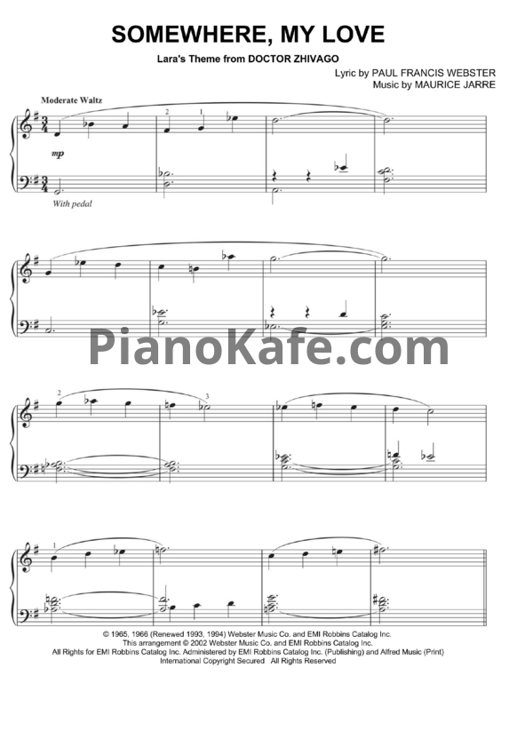 Ноты Maurice Jarre - Somewhere, my love - PianoKafe.com
