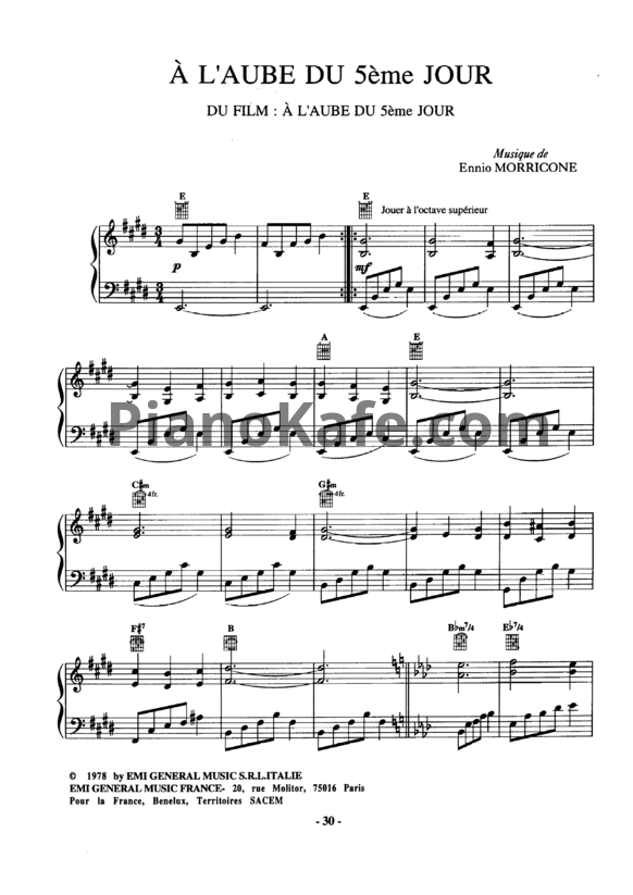 Ноты Ennio Morricone - A l'aube du 5eme jour - PianoKafe.com