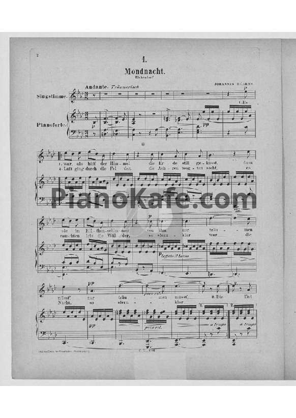 Ноты И. Брамс - Песня `Лунная ночь` (`Mondnacht`) (WoO 21) - PianoKafe.com