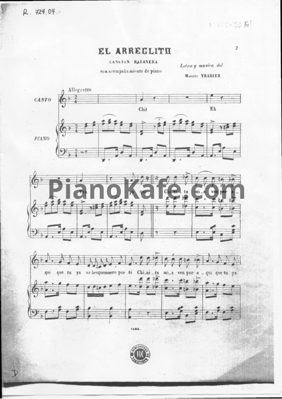 Ноты Себастьян де Ирадье - Хабанера "El arreglito" - PianoKafe.com