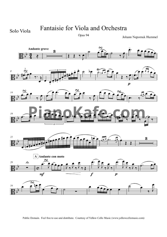 Ноты Johann Nepomuk Hummel - Fantaisie for Viola and Orchestra (Op. 94) - PianoKafe.com