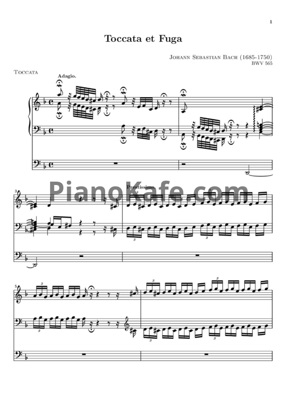 Ноты И. Бах - Токката и фуга ре минор для органа, BWV 565 - PianoKafe.com