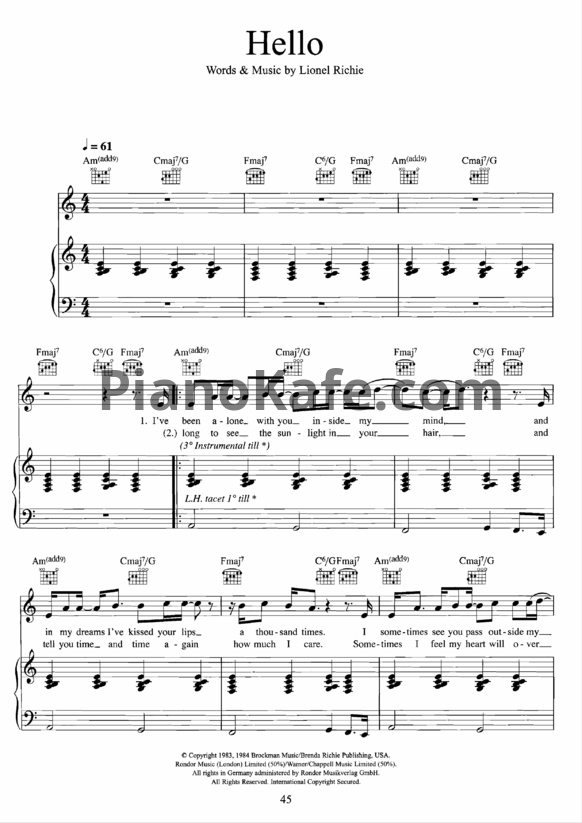 Ноты Lionel Richie - Hello - PianoKafe.com
