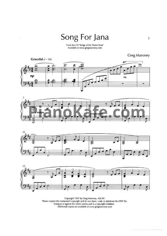 Ноты Greg Maroney - Song for Jana - PianoKafe.com