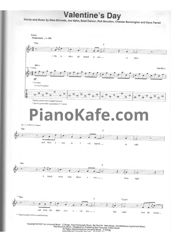 Ноты Linkin Park - Valentine's day (Версия 2) - PianoKafe.com