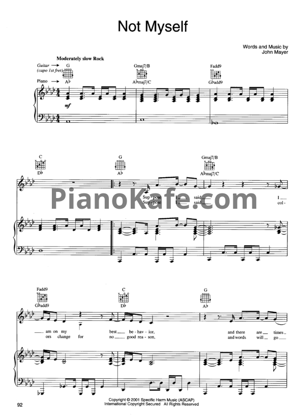 Ноты John Mayer - Not Myself - PianoKafe.com