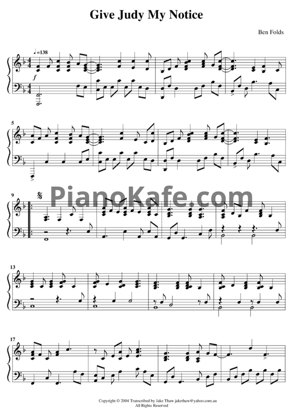 Ноты Ben Folds - Give judy my notice (EP version) - PianoKafe.com