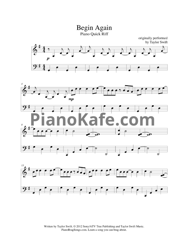 Ноты Taylor Swift - Begin again - PianoKafe.com