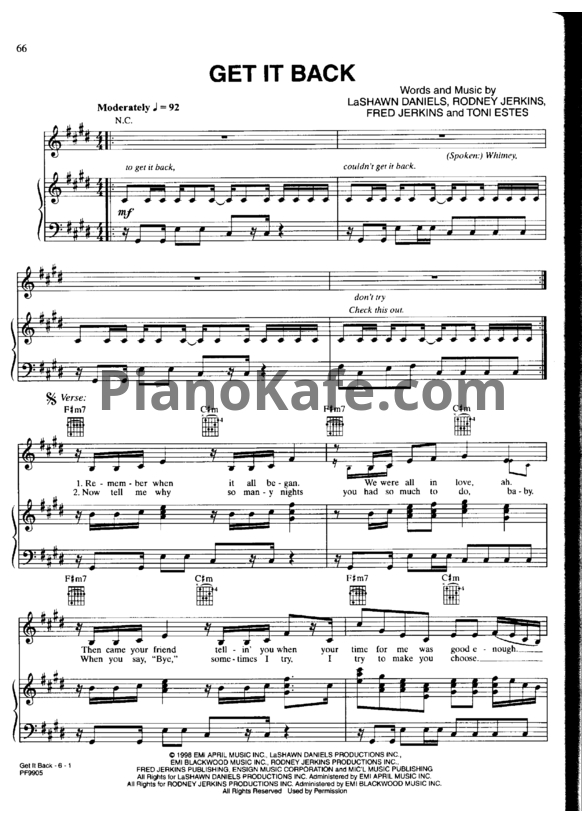 Ноты Whitney Houston - Get it back - PianoKafe.com