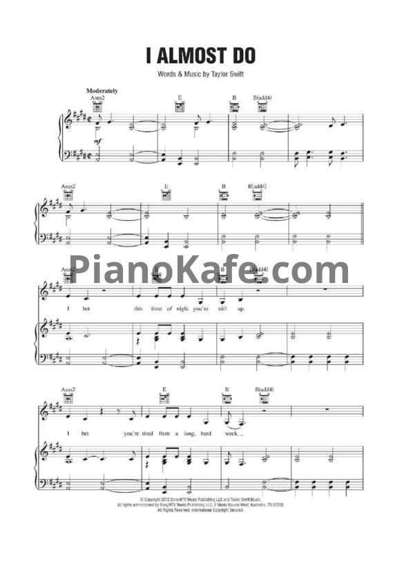 Ноты Taylor Swift - I almost do - PianoKafe.com