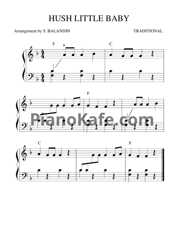 Ноты Hush little baby (Arrangement by S. BALANDIN) - PianoKafe.com