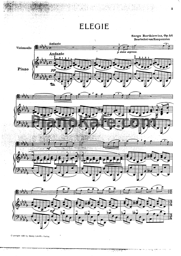 Ноты С. Борткевич - Элегия для виолончели и фортепиано (Op. 46) - PianoKafe.com