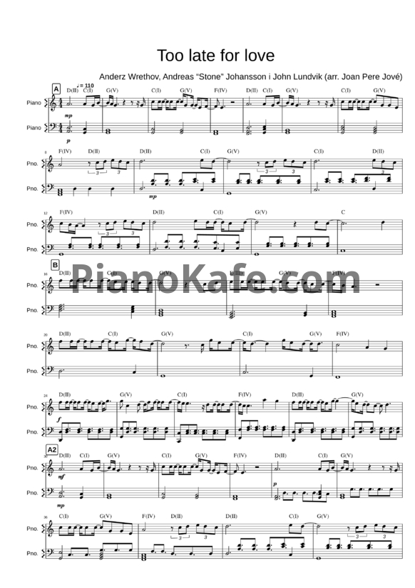 Ноты John Lundvik - Too late for love (Sweden) - PianoKafe.com