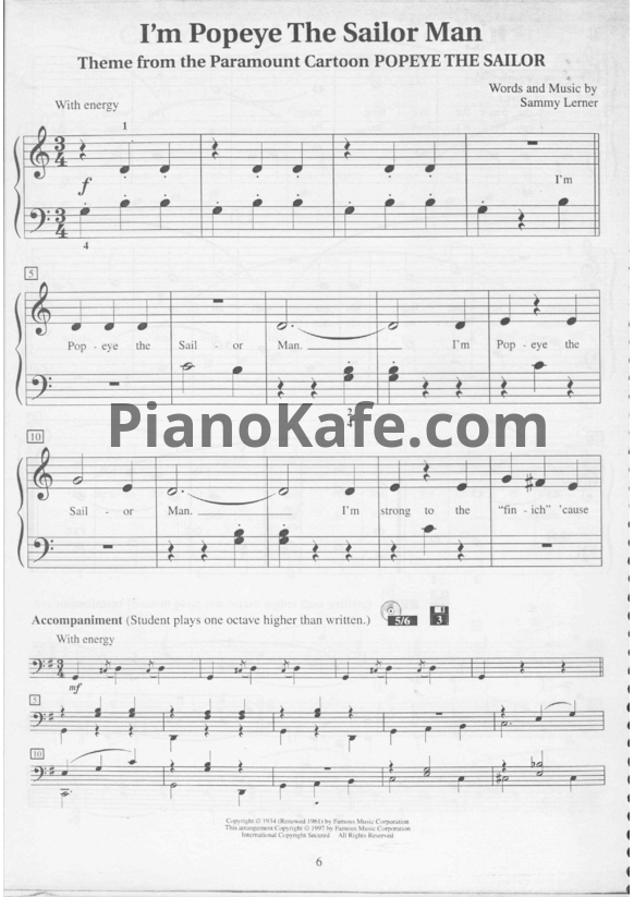 Ноты Sammy Lerner - I'm popeye the sailor man - PianoKafe.com