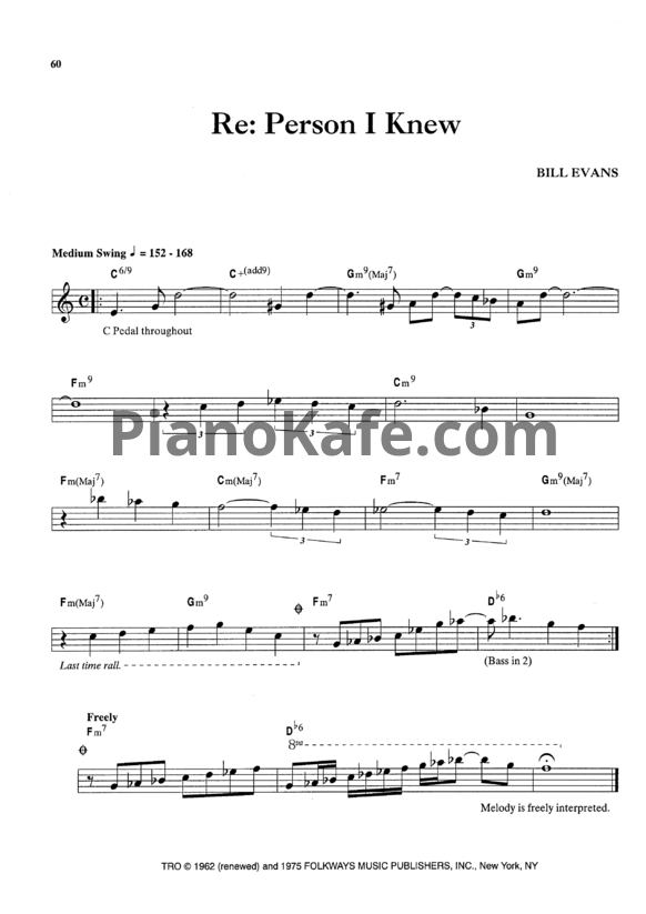 Ноты Bill Evans - Re: Person I knew - PianoKafe.com