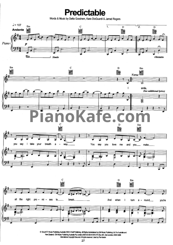 Ноты Delta Goodrem - Predictable - PianoKafe.com