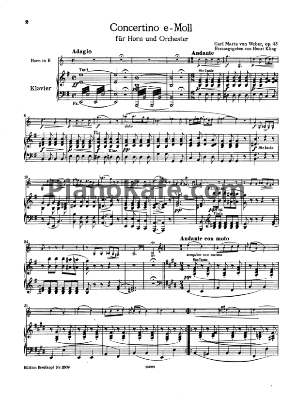 Ноты К. М. фон Вебер - Концертино ми минор для рога и оркестра (Op. 45). Клавир - PianoKafe.com