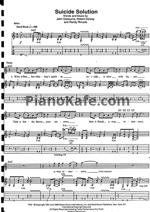 Ноты Ozzy Osbourne - Suicide solution (Guitar Tabs & Voice) - PianoKafe.com