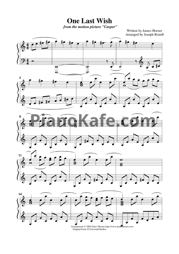 Ноты James Horner - One last wish - PianoKafe.com