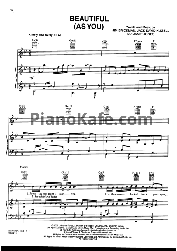 Ноты Jim Brickman - Beautiful (As you) - PianoKafe.com