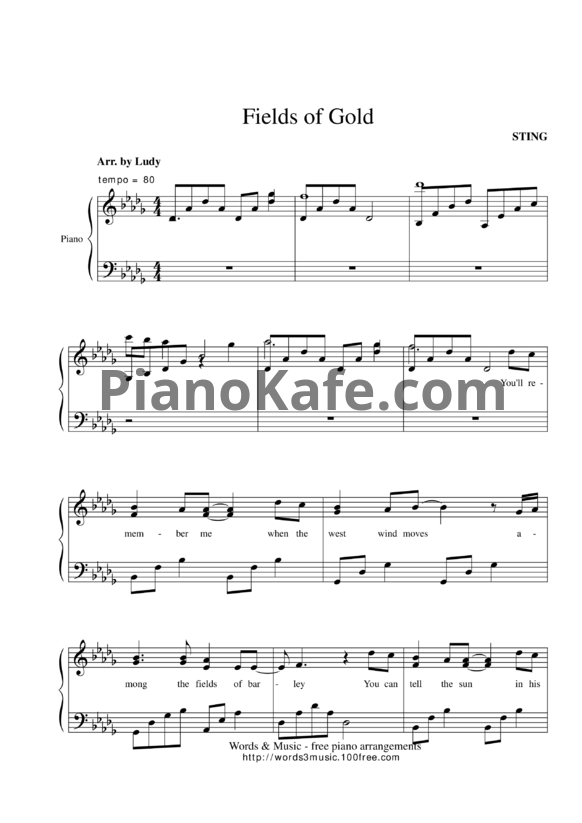 Ноты Sting - Fields of gold - PianoKafe.com