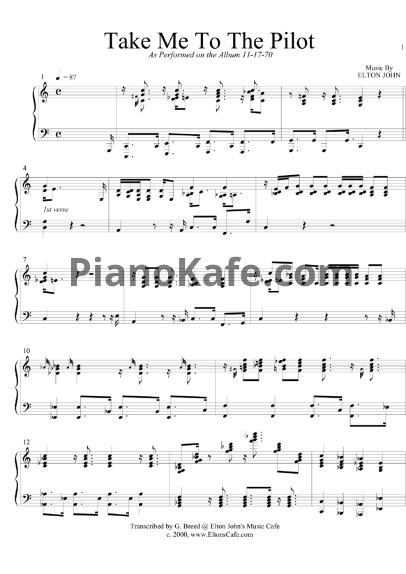 Ноты Elton John - Take me to the pilot - PianoKafe.com