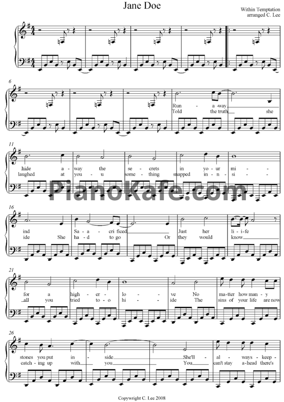 Ноты Within Temptation - Jane Doe - PianoKafe.com