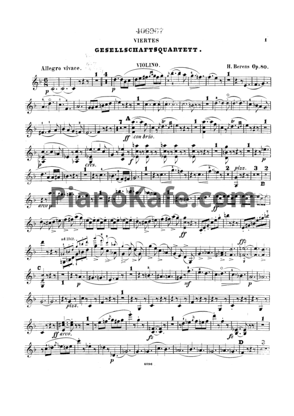 Ноты Г. Беренс - Gesellschaftsquartett (Скрипка, Op. 80) - PianoKafe.com