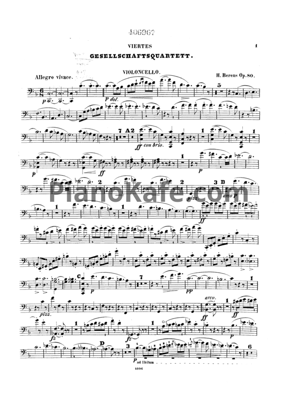 Ноты Г. Беренс - Gesellschaftsquartett (Виолончель, Op. 80) - PianoKafe.com