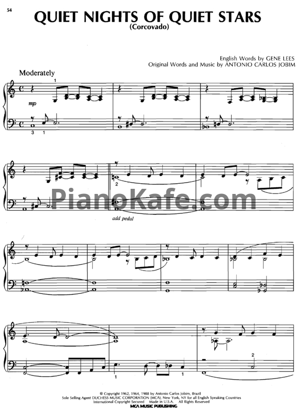 Ноты Antonio Carlos Jobim - Quiet nights of quiet stars (Corcovado) (Piano solo) - PianoKafe.com