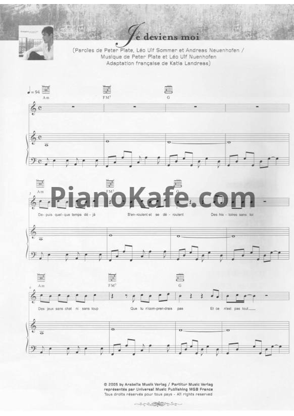 Ноты Gregory Lemarchal - Je deviens moi - PianoKafe.com