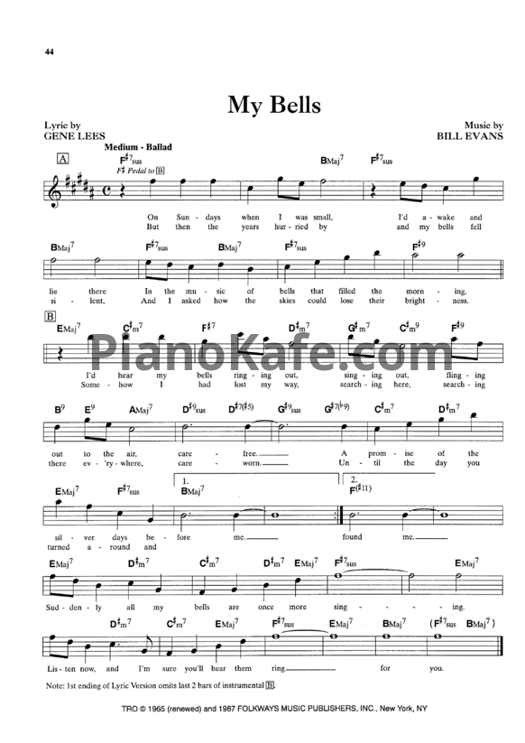 Ноты Bill Evans - My bells (Вокальная партия) - PianoKafe.com