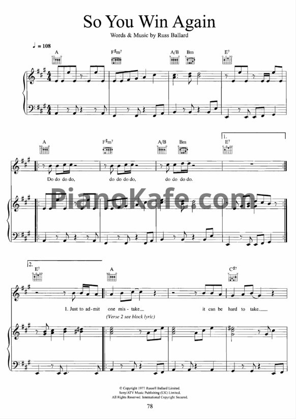 Ноты Hot Chocolate - So you win again - PianoKafe.com