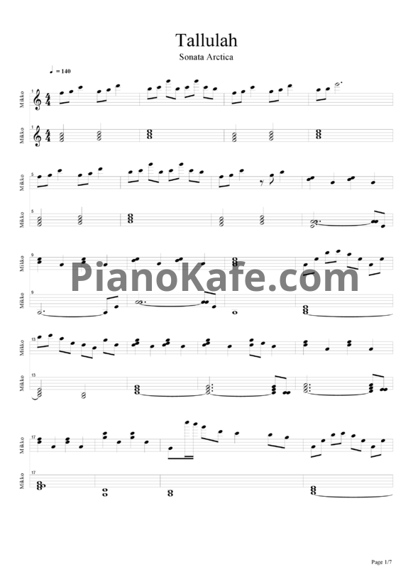 Ноты Sonata Arctica - Tallulah - PianoKafe.com