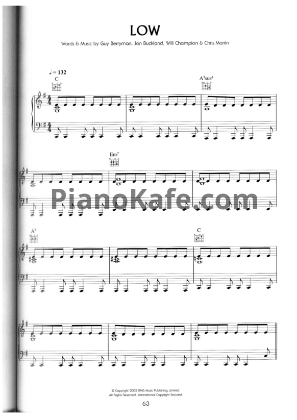 Ноты Coldplay - Low - PianoKafe.com