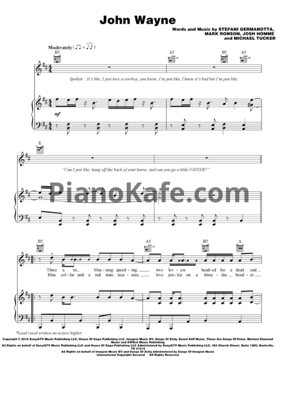 Ноты Lady Gaga - John Wayne - PianoKafe.com
