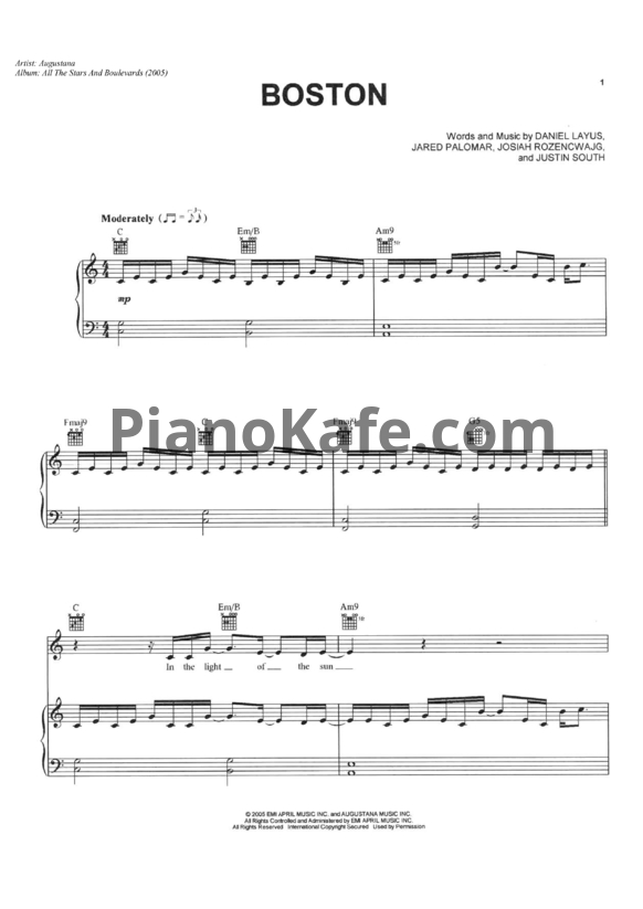 Ноты Augustana - Boston - PianoKafe.com
