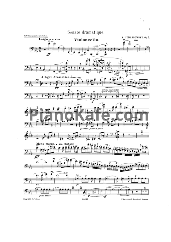 Ноты А. Юрасовский - Драматическая соната (Op. 3). Партия виолончели - PianoKafe.com