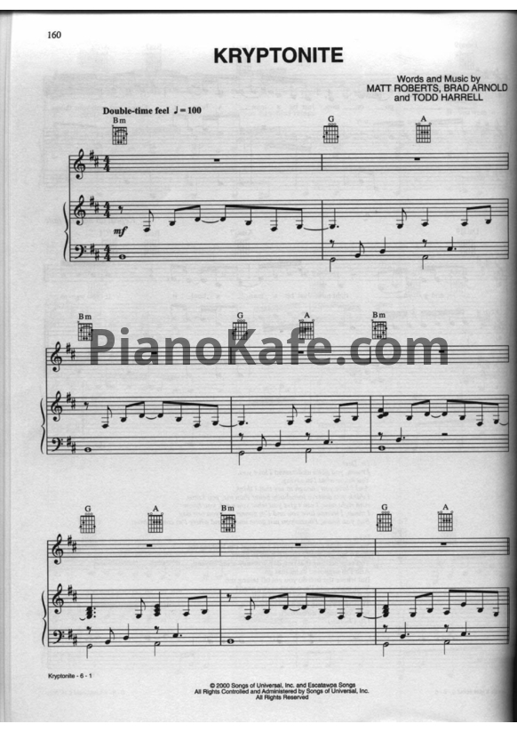 Ноты 3 Doors Down - Kryptonite - PianoKafe.com