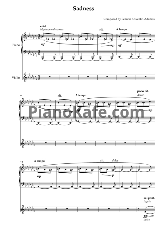 Ноты Семён Кривенко-Адамов - Печаль (Партитура) - PianoKafe.com