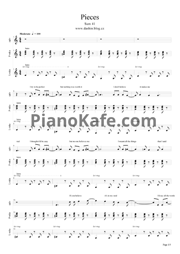 Ноты Sum 41 - Pieces - PianoKafe.com