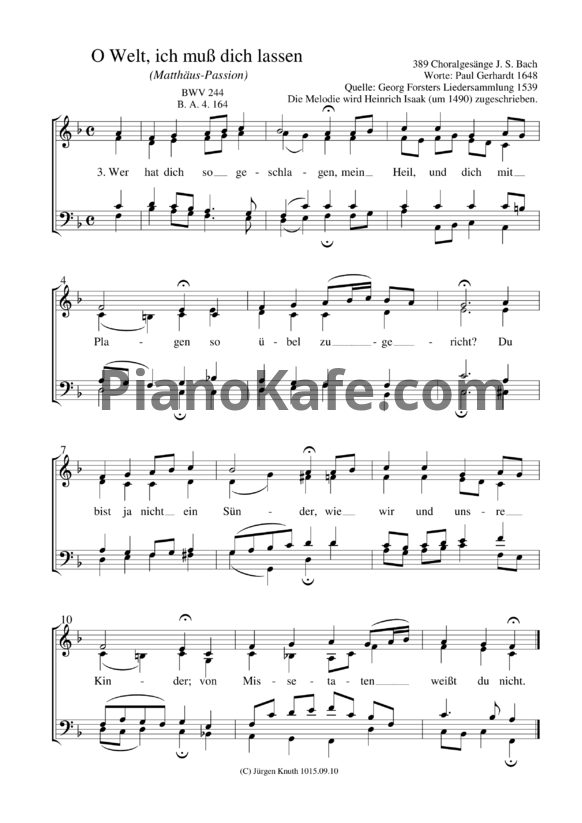 Ноты И. Бах - O Welt, ich mub dich lassen (BWV 244) - PianoKafe.com