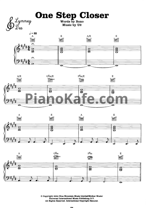 Ноты U2 - One step closer - PianoKafe.com