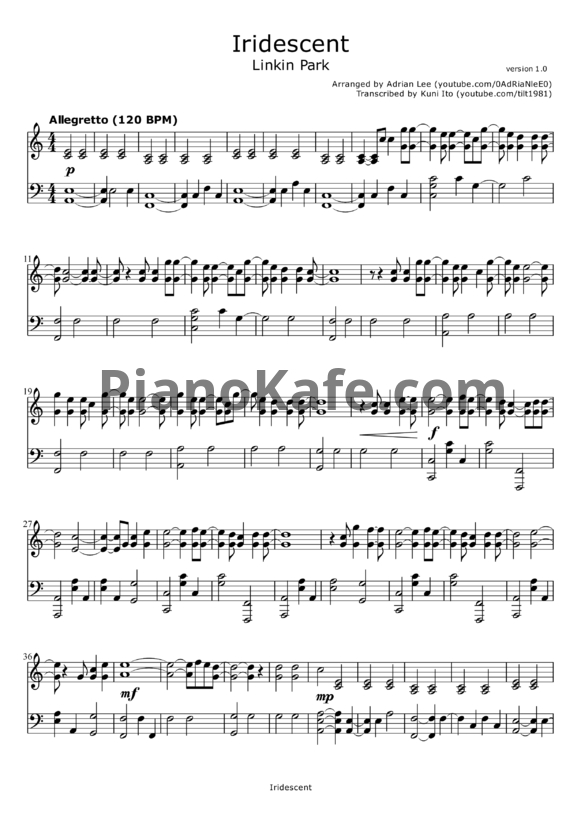 Ноты Linkin Park - Iridescent (Версия Adrian Lee) - PianoKafe.com