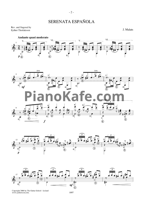Ноты Хоакин Малатс - Испанская серенада (by Eythor Thorlaksson) - PianoKafe.com